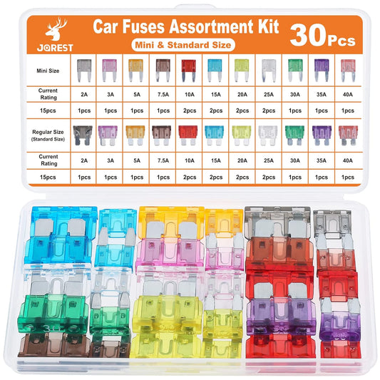 30Pcs Mini & Standard Car Fuse Assortment Kit